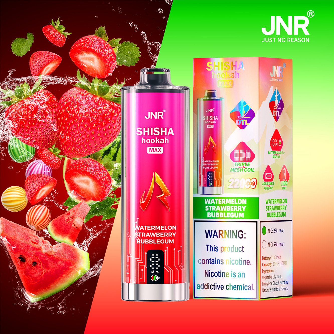 jnr shisha max 22000 watermelon strawberry bubblegum pvbfrjsm22000