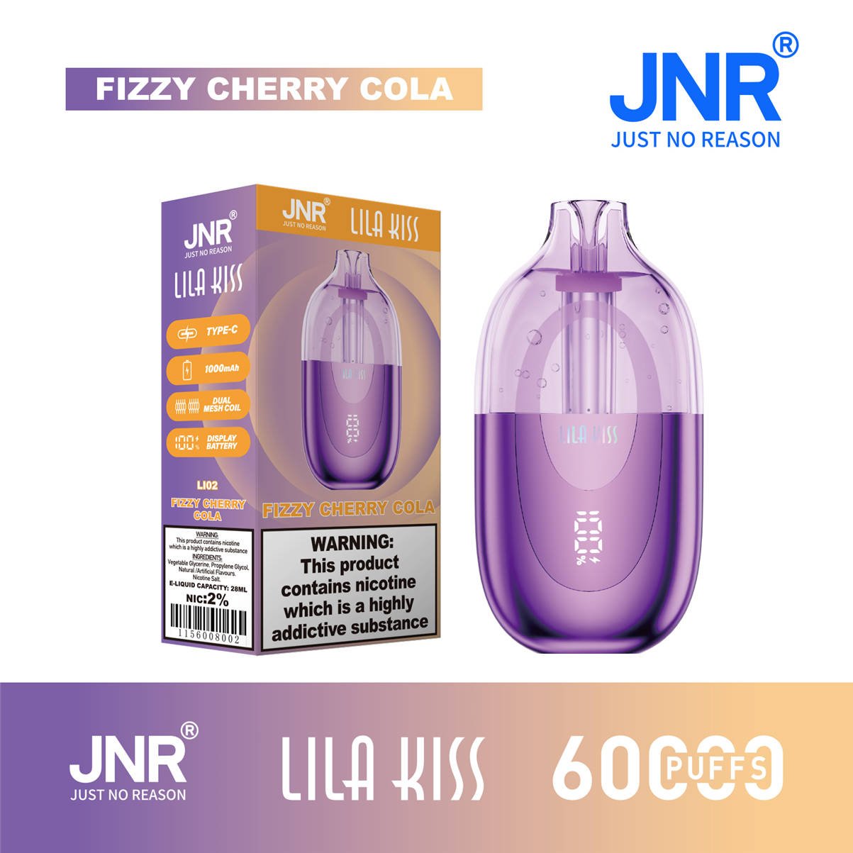 jnr Lila Kiss 60000 Fizzy Cherry Cola mit offizieller Verkaufsverpackung