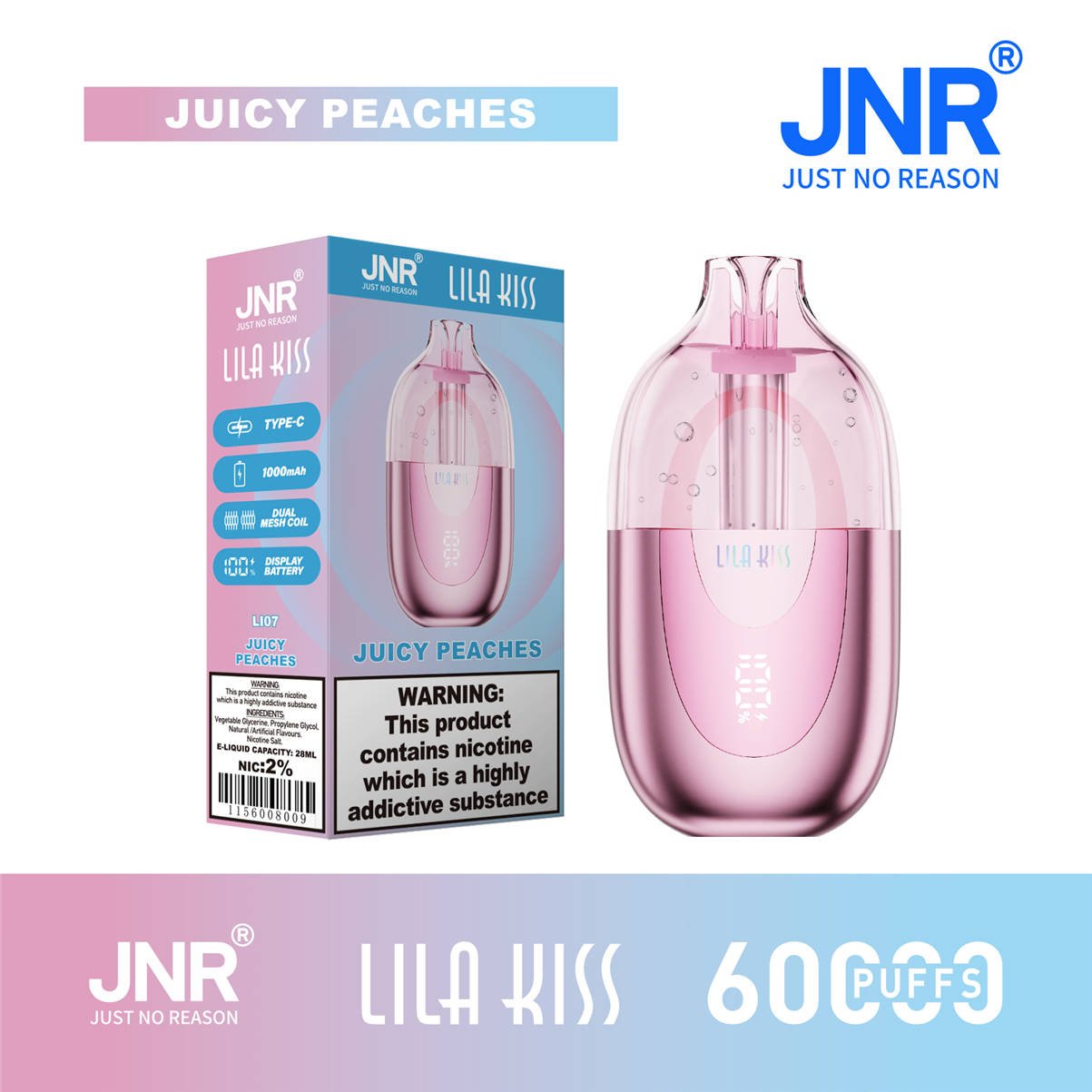 jnr Lila Kiss 60000 Juicy Peaches mit offizieller Verkaufsverpackung