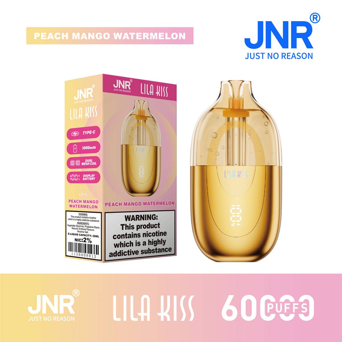 jnr Lila Kiss 60000 Pfirsich, Mango, Wassermelone mit offizieller Verkaufsverpackung