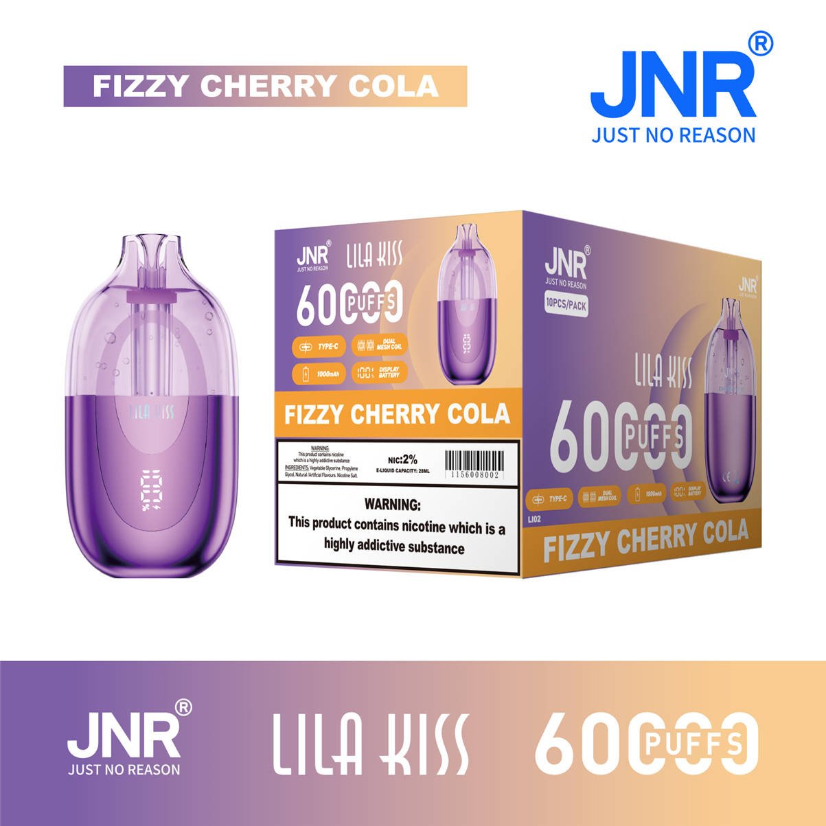 jnr Lila Kiss 60k Fizzy Cherry Cola – Masterkarton-Verpackung für den Großhandel
