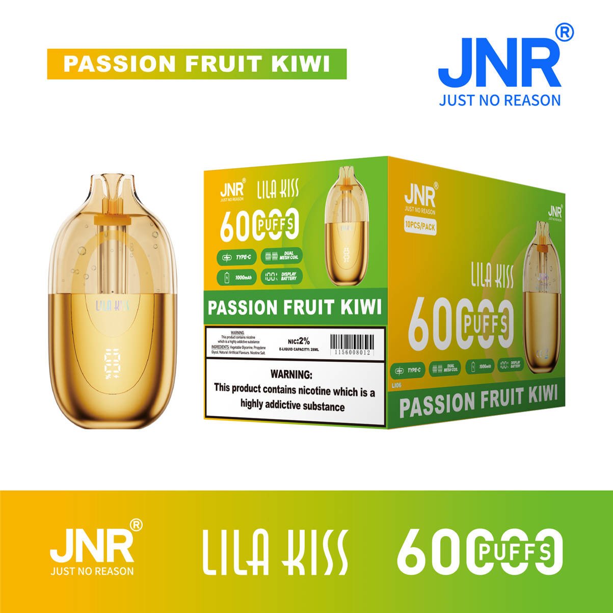 jnr Lila Kiss 60k Passionsfrucht-Kiwi-Masterkartonverpackung für den Großhandel