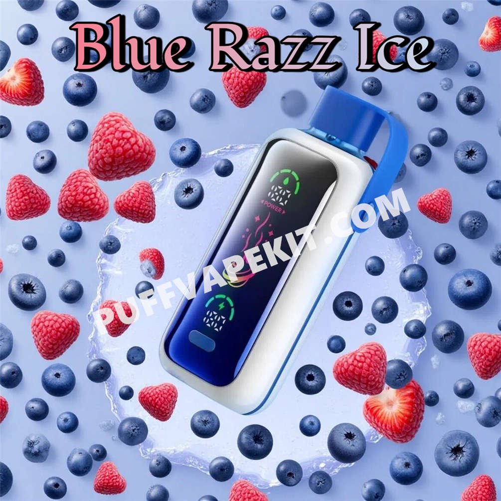 Vozol Star 20K Blue Razz Ice entouré de framboises bleues fraîches et de glaçons