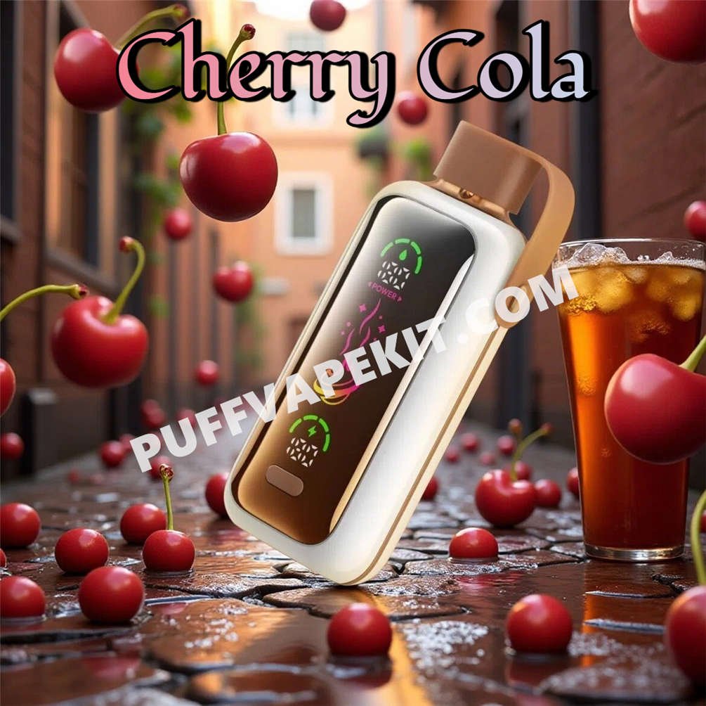 Vozol Star 20K Cherry Cola posé parmi des cerises rouges et des bulles de cola Vozol Star 20K Cherry Cola posé parmi des cerises rouges et des bulles de cola