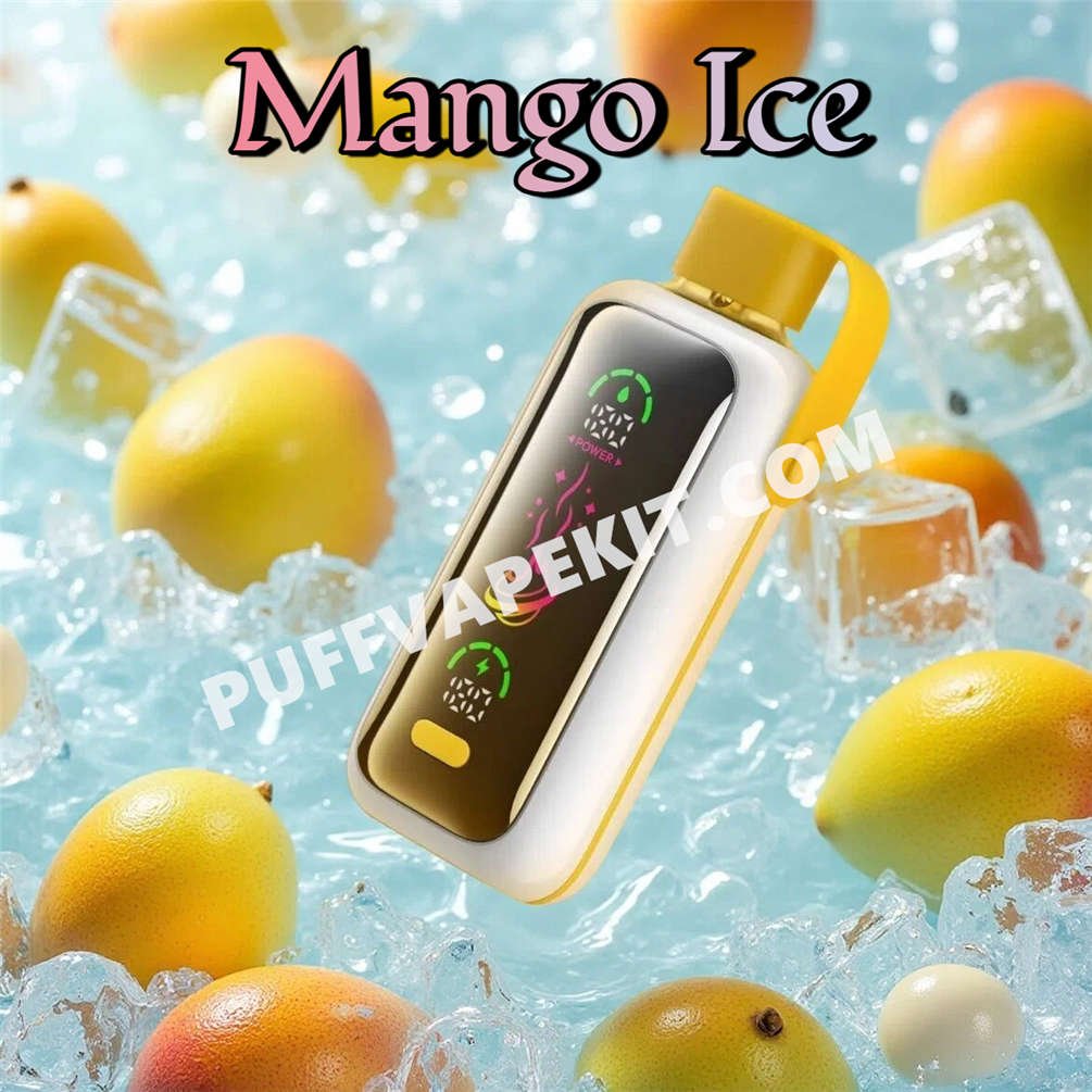 Puff Vozol Star 20K Mango Ice entouré de mangues mûres coupées et de cubes de glace