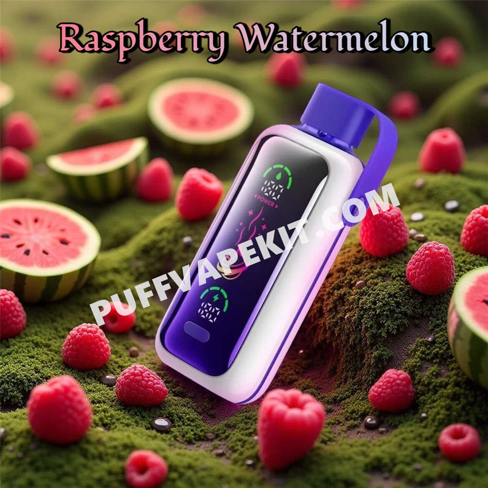 Vape Vozol Star 20K Raspberry Watermelon entourée de pastèques et de belles framboises